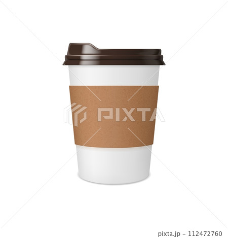 Coffee cup of paper or mug cardboard realistic mockup, vector plastic package with lid. Disposable takeaway coffee cup or white mug for hot drinks with brown plastic sip lid and carton holder 112472760
