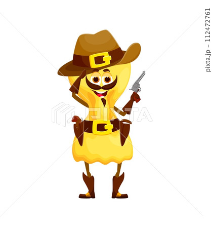 Cartoon Italian pasta cowboy with revolver gun in sheriff sombrero, vector character. Farfalle pasta as Western bandit robber or Wild West ranger cowboy in boots with bandoleer, funny pasta personage 112472761