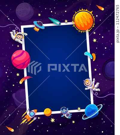 Birthday photo frame with kid astronauts in galaxy space and alien UFO, cartoon vector background. Photo frame border with kid spaceman, rocket spaceship on Saturn planet and asteroids in starry sky 112472765