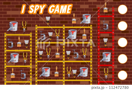 I spy game worksheet with cartoon DIY and repair tools characters, vector puzzle quiz. Kids game to find and match same funny tools of carpentry vise, woodworking pliers and paintbrush with bucket 112472780