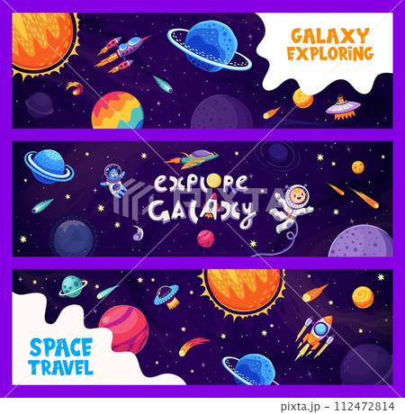 Galaxy space banners with kid astronaut and alien UFO in galaxy planets, vector backgrounds. Cartoon outer space with rocket spaceship, asteroids and comets and planets in starry galactic sky 112472814
