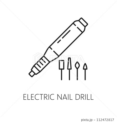 Nail manicure service icon of electric nail drill, hands care and beauty tools, line vector. Manicure and nail care or treatment device of electric drill for fingernails, thin outline pictogram Nail manicure service icon of electric nail drill, hands care and beauty tools, line vector. Manicure and nail care or treatment device of electric drill for fingernails, thin outline pictogram 112472817