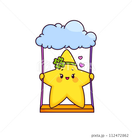 Cartoon cute funny kawaii star and twinkle character swings joyfully on the heaven teeterboard with cloud. Isolated vector toon radiating charm with its adorable expression on the celestial playground 112472862