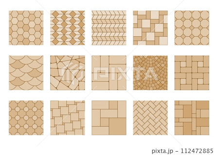 Pavement top view pattern, street cobblestone, garden sidewalk tile. Patio cement cobblestone textures, garden or park pathway concrete tile vector background or walkway brick pavement patterns set 112472885