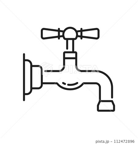 Tap kitchen and bathroom compression faucet thin line icon. House bathtub spigot valve, bathroom modern tap or kitchen water mixer linear vector icon. Toilet watertap line pictogram or symbol 112472896