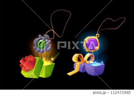 Set of opened gift boxes and amulets with gems flat style, vector illustration Set of opened gift boxes and amulets with gems flat style, vector illustration 112472980