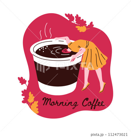 Young woman stuck her head in a cup of coffee, cartoon funny character with floral, morning coffee vector comic design Young woman stuck her head in a cup of coffee, cartoon funny character with floral, morning coffee vector comic design 112473021