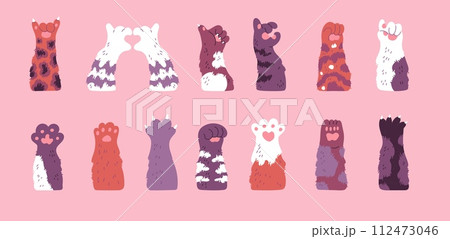 Dog or cat fluffy paws vector set, cute animal various foots striped and spotted, funny pet furry paw points with finger 112473046
