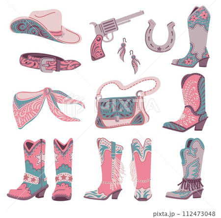 Cowgirl or horsewoman garments and clothing flat vector illustration isolated. 112473048