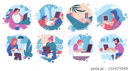 Freelance lifestyle, benefits of remote job, balanced opportunity vector illustrations set, freelancer working on laptop 112473049