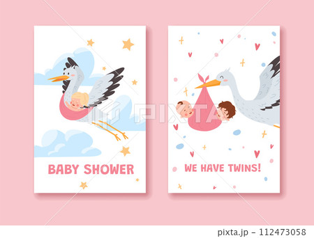 Storks carries babies, baby shower card, cartoon vector illustration 112473058