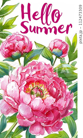 Watercolor illustration of a frame of summer peony flowers, inside the text Hello Summer, summer background 112473309