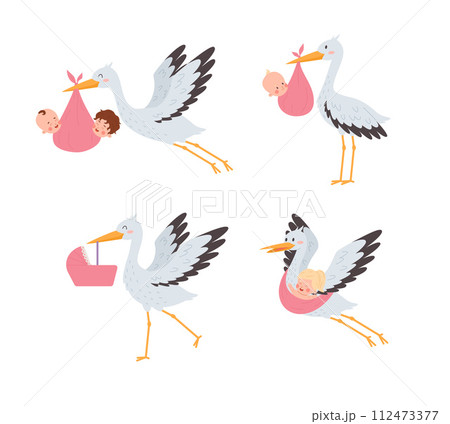 Birthday and baby shower images set of stork with baby, flat vector isolated. 112473377
