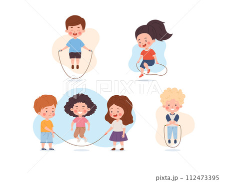 Kids jumping rope, set of cartoon vector illustration isolated on white 112473395