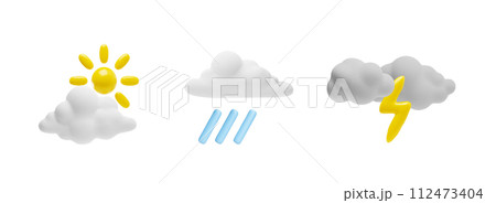 3D weather elements vector icon set, white render clouds with glowing lightning, sun and rain, weather forecast symbols 112473404