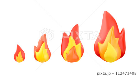 Burning bonfires or campfires, 3D realistic vector set, different sizes and shapes of flame, degrees combustion of fire 112473408