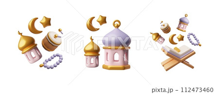 Ramadan holiday related items set, 3D realistic vector illustration isolated. 112473460