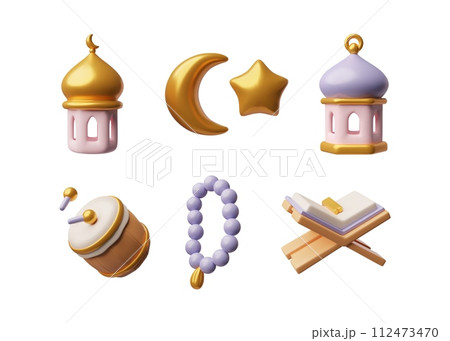 3D lanterns, golden crescent moon with star, rosary, Koran book and drum, Islamic Ramadan religion symbols vector set 112473470