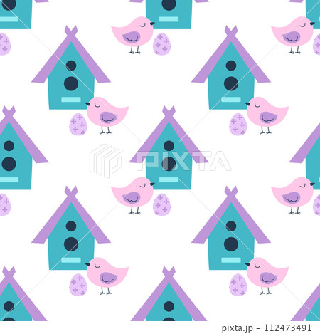 seamless pattern with birdhouse and easter eggs 112473491