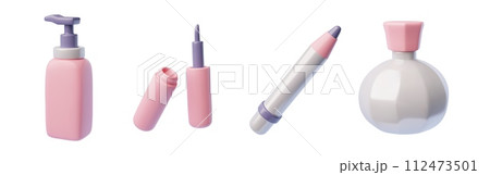 3D makeup cosmetic products vector set, perfume, eyeliner, lipstick and cream tube dispenser, makeup beauty accessories 112473501