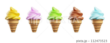 Ice cream in wafer cone realistic 3D vector icons set, soft serve different colors ice cream in wafer style cone dessert 112473523