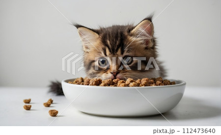Happy domestic kitten eating kitten food from a white plate. Scandinavian style kitchen. Pet health and nutrition. 112473640