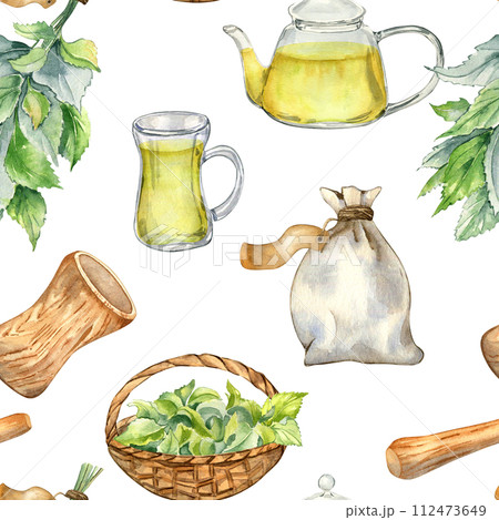Utensils mortar, glass teapot with herb tea and nettle watercolor seamless pattern isolated on white. Herb sachet and straw basket with medicinal plants hand drawn. Design for textile, wrapping 112473649