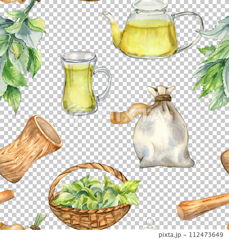 Utensils mortar, glass teapot with herb tea and nettle watercolor seamless pattern isolated on white. Herb sachet and straw basket with medicinal plants hand drawn. Design for textile, wrapping 112473649