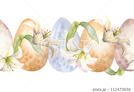 Easter seamless border with eggs and white flowers. Lilies pastel color watercolor illustration isolated on white. Lilium botanical art hand drawn. Design for Christianity holiday, Easter invitation 112473656