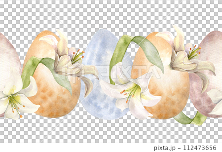 Easter seamless border with eggs and white flowers. Lilies pastel color watercolor illustration isolated on white. Lilium botanical art hand drawn. Design for Christianity holiday, Easter invitation 112473656