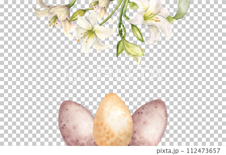 Easter banner in pastel colors with eggs and white flowers. Lily and bud watercolor illustration isolated on white. Lilium botanical art hand drawn. Design for Christianity holiday, Easter invitation 112473657