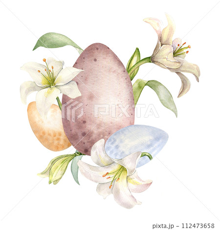 Easter eggs with flower arrangement. White lily Christian symbol watercolor illustration isolated. Flower and egg composition hand drawn in pastel color. Design for invitation, Easter decoration 112473658