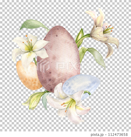 Easter eggs with flower arrangement. White lily Christian symbol watercolor illustration isolated. Flower and egg composition hand drawn in pastel color. Design for invitation, Easter decoration 112473658