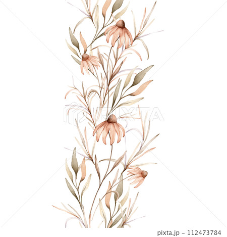 Watercolor seamless border botanical autumn illustration echinacea branches flowers and herbs. Autumn illustration. Hand painted drawing isolated on white background. Floral composition pastel color 112473784