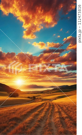 Sunrise over a meadow with wonderful flowers 112473816