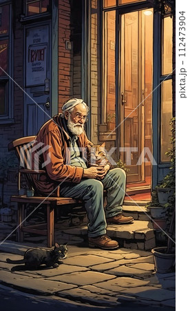 Old man sitting on the porch of a house with a cat Old man sitting on the porch of a house with a cat 112473904