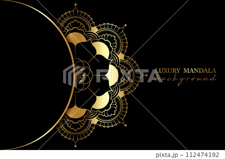 Luxury Mandala with beautiful vintage circular pattern of indian. Round gold floral decoration on red color, vector illustration isolated on black background 112474192