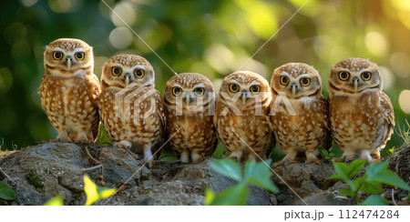 group of Burrowing owls (Athene cunicularia) in nature 112474284
