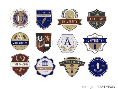 Education emblem. Academic institution badges for university, academy, and college crests with classic designs vector set 112474583