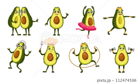 Cartoon avocados mascot characters. Playful avocado figures with fitness poses, chief cook, ballet dancer and kissing pair vector illustration set Cartoon avocados mascot characters. Playful avocado figures with fitness poses, chief cook, ballet dancer and kissing pair vector illustration set 112474586
