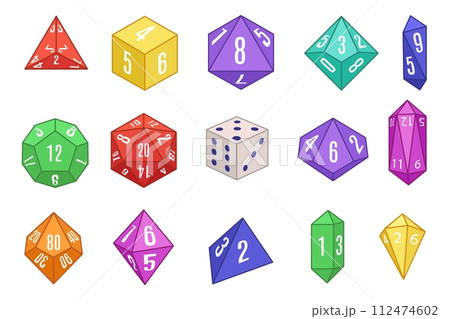 Board game dices. Various dice set for tabletop role playing games, geometric multi-sided dice isolated vector illustration set 112474602