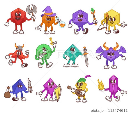 Board game dice mascot characters. Fantasy game themed geometric shapes playing dices for table games isolated vector illustration set Board game dice mascot characters. Fantasy game themed geometric shapes playing dices for table games isolated vector illustration set 112474611