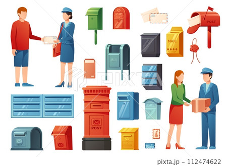 Cartoon postman and mail. Postal service and classic mailboxes, delivery service isolated vector illustration set Cartoon postman and mail. Postal service and classic mailboxes, delivery service isolated vector illustration set 112474622