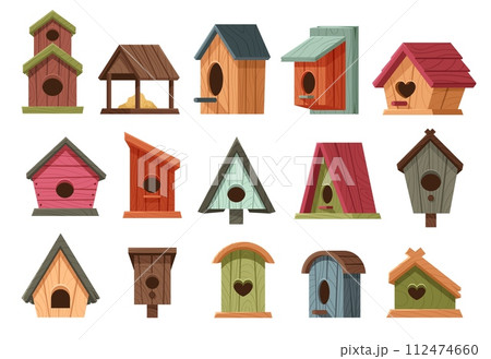 Cartoon wooden bird houses. Rustic avian homes with various designs, classic birdhouses and birds feeders vector illustration set 112474660