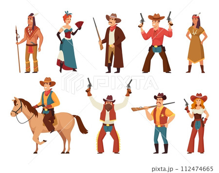 Cartoon wild west characters. Classic western cowboy and cowgirl, native american warrior, saloon dancer and sheriff vector illustration set 112474665