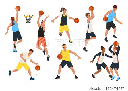 Dynamic basketball players in action. Athletes characters shooting, dribbling and passing the ball vector illustration set 112474672