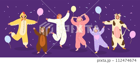 Funny pajama party. Festive celebration with people in animal onesies, kigurumi costumes night celebration with balloons and confetti vector illustration 112474674