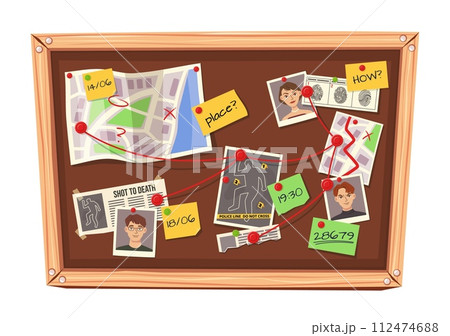 Detective board. Mystery investigation cork board with clues, marked maps, suspect photographs, evidence fingerprints, time notes, and crime scene information Detective board. Mystery investigation cork board with clues, marked maps, suspect photographs, evidence fingerprints, time notes, and crime scene information 112474688