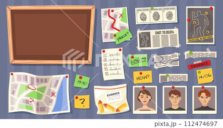 Cartoon detective board elements. Investigation clues and evidence maps, fingerprint records, suspect photos and notes for cork board vector illustration set Cartoon detective board elements. Investigation clues and evidence maps, fingerprint records, suspect photos and notes for cork board vector illustration set 112474697