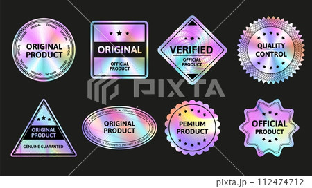 Secure holographic stickers. Original quality iridescent labels, verified product badges and official seals with holo foil gradient vector set Secure holographic stickers. Original quality iridescent labels, verified product badges and official seals with holo foil gradient vector set 112474712